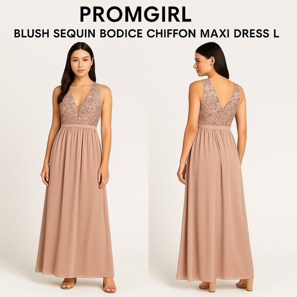 PromGirl Blush Maxi Dress with Sequin Detail Size Large - Picture 1 of 12
